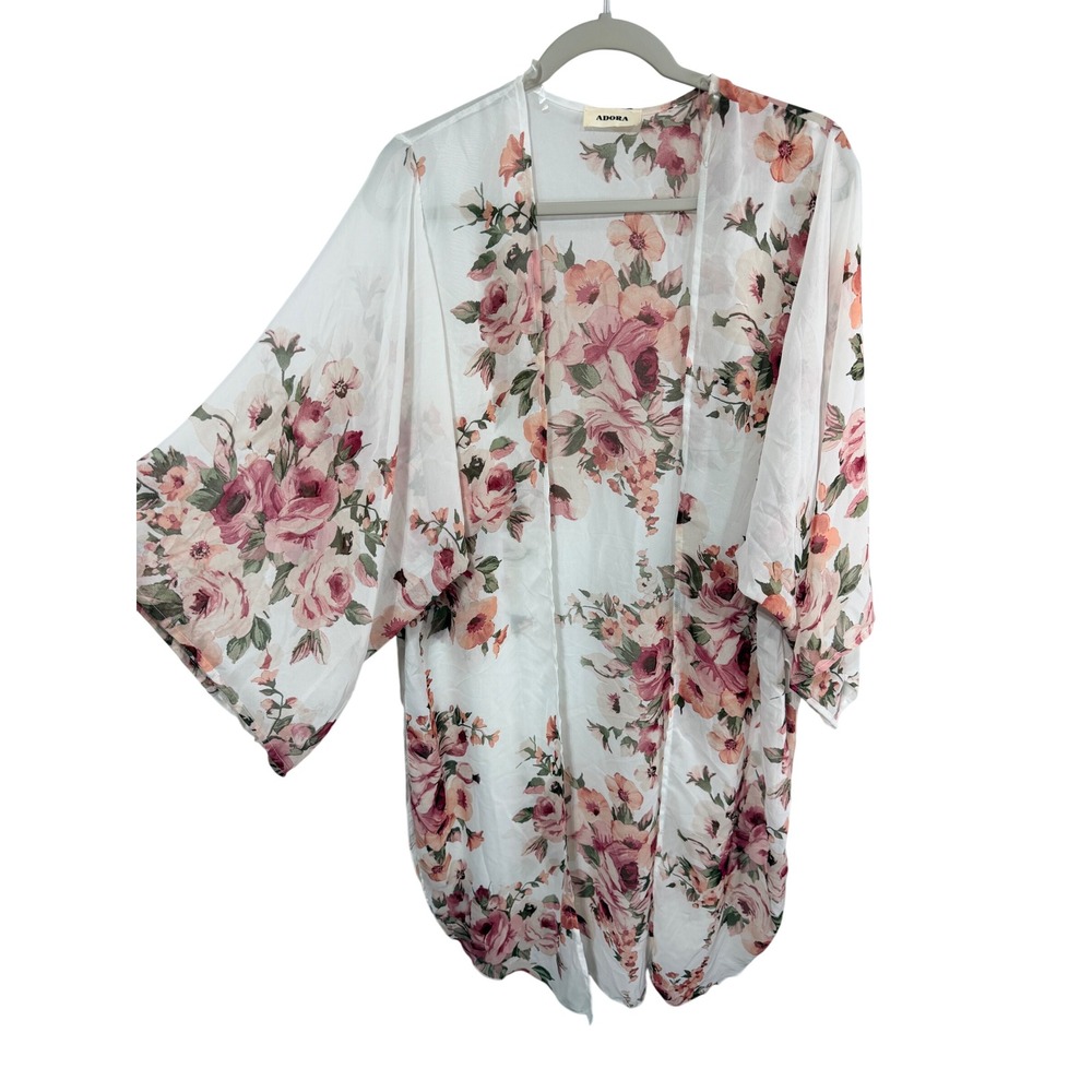 Adora Kimono Floral Sheer Open Front Large White Boho Fairycore Bell Sleeve